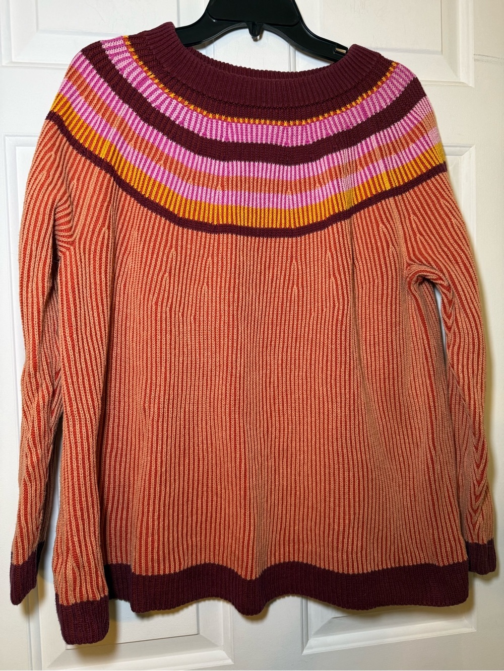 Land’s End Woman’s Drifter Sweater LARGE Colorful Ribbed Cotton Crew Neck
